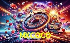 Una escena digital vívida inspirada en casino con MXCOCO mostrado prominentemente, luces brillantes, fichas, cartas y acentos dorados.