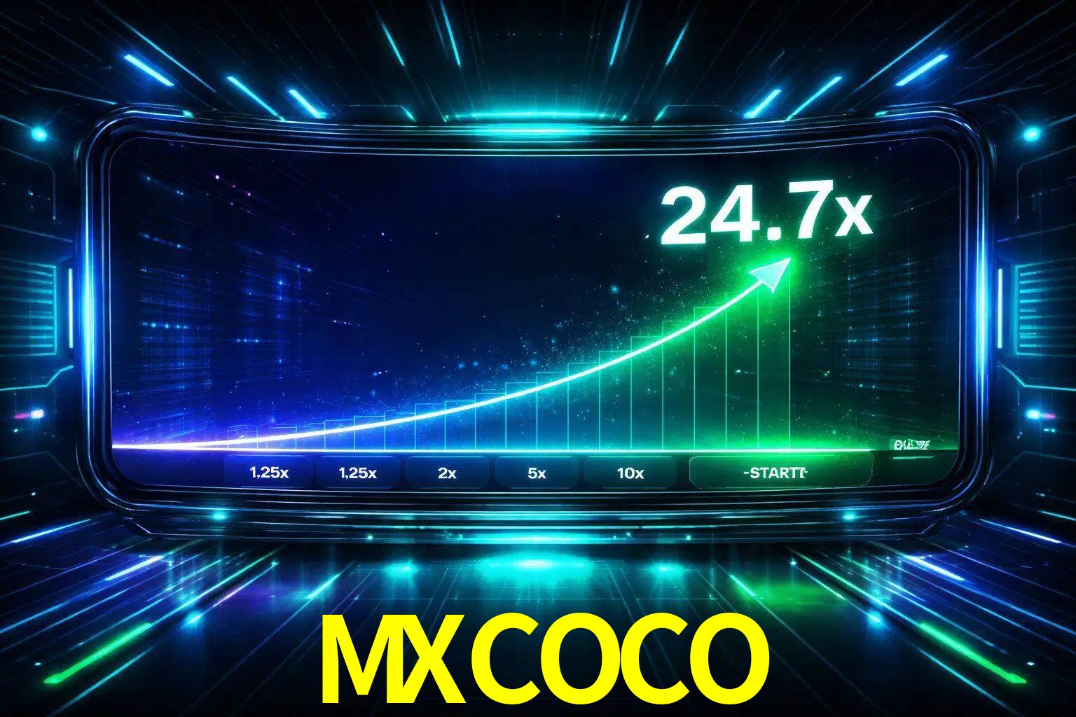 Una pantalla moderna de juego estilo crash con multiplicadores ascendentes, visuales de neón y una interfaz intensa enfocada en la acción.