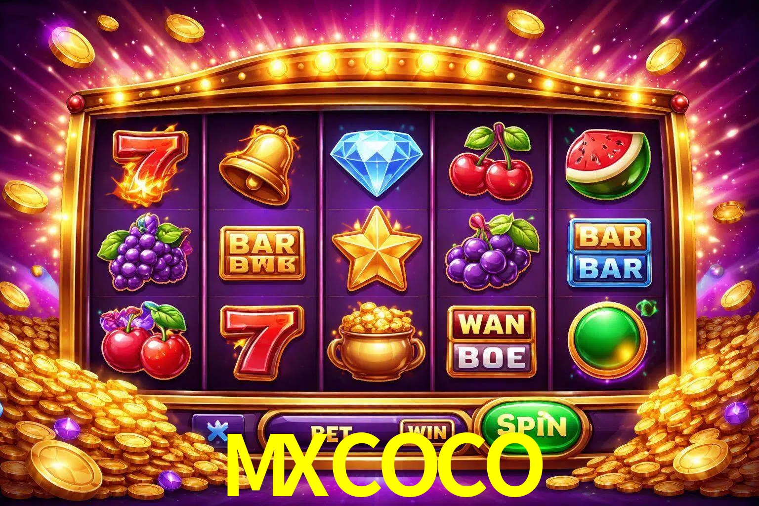 Una interfaz colorida de tragamonedas en línea con símbolos brillantes, monedas y un efecto de victoria celebratoria en MXCOCO.
