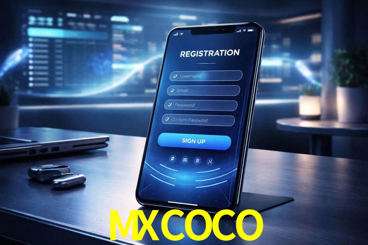 Una interfaz moderna de registro móvil para MXCOCO mostrada en un smartphone con un panel de apuestas elegante.